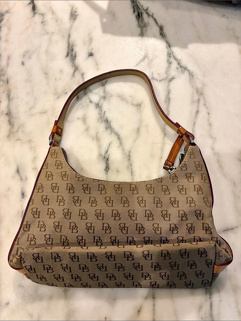 Dooney & Bourke Signature Monogram Canvas Small Hobo Bag Brown